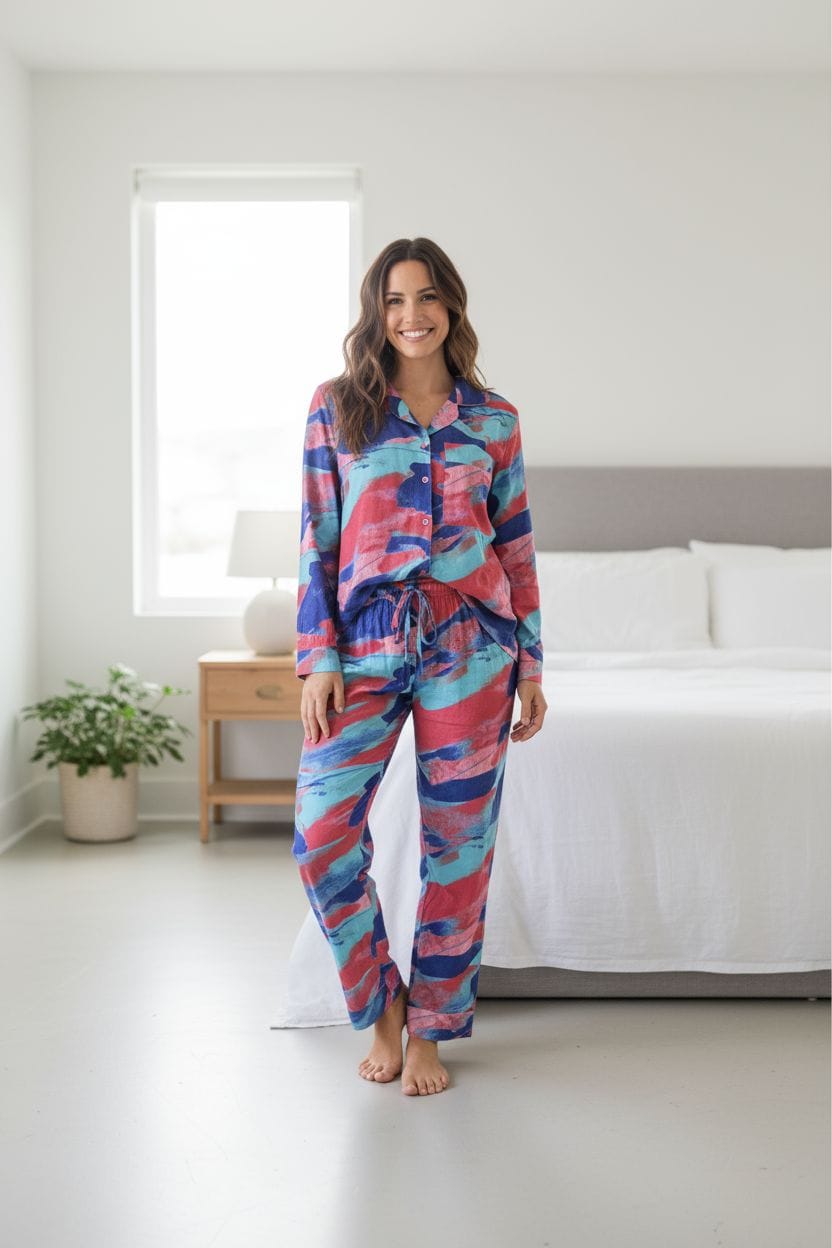 Pijama Americano Longo, Tecido Estampado Colorido Tipo Seda (Poliéster com Elastano)