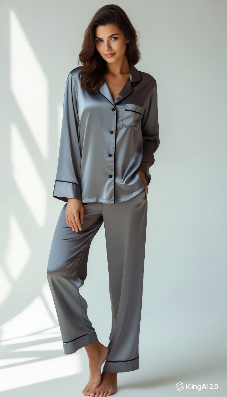 Pijama Americano Longo, Tecido Cetim (Poliéster com Elastano)