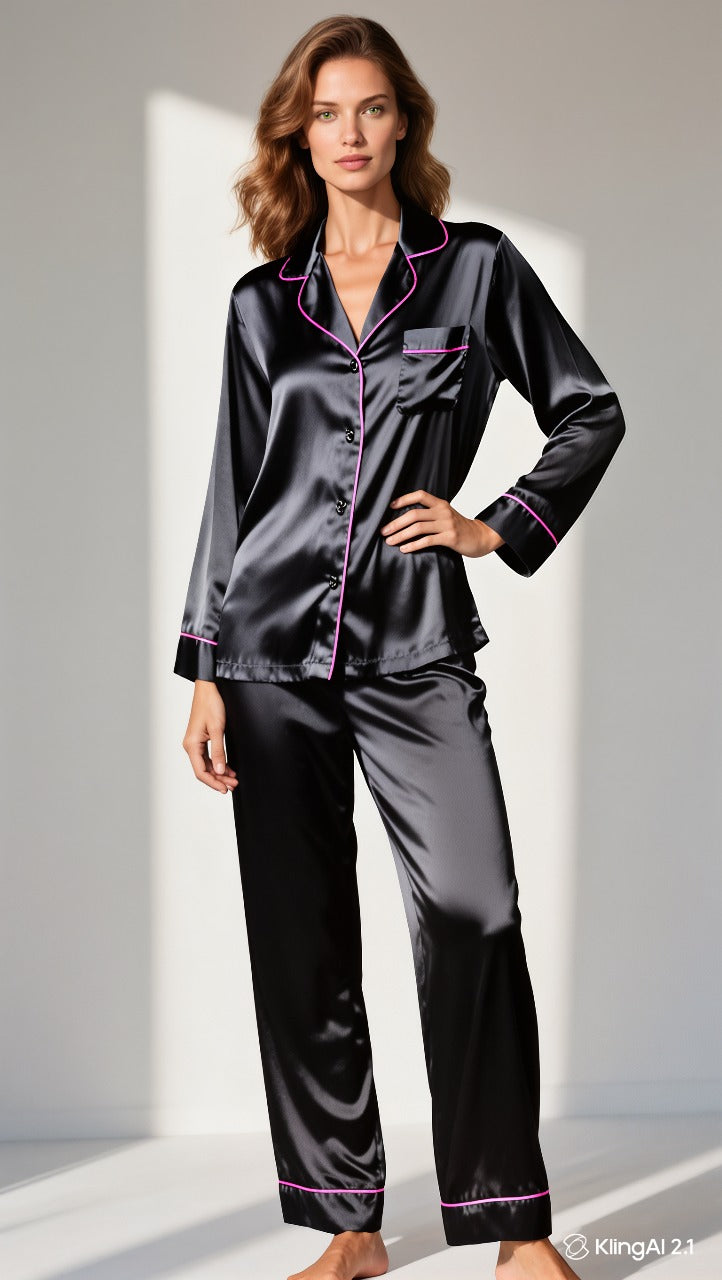 Pijama Americano Longo, Tecido Cetim (Poliéster com Elastano)