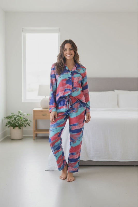 Pijama Americano Longo, Tecido Estampado Colorido Tipo Seda (Poliéster com Elastano)